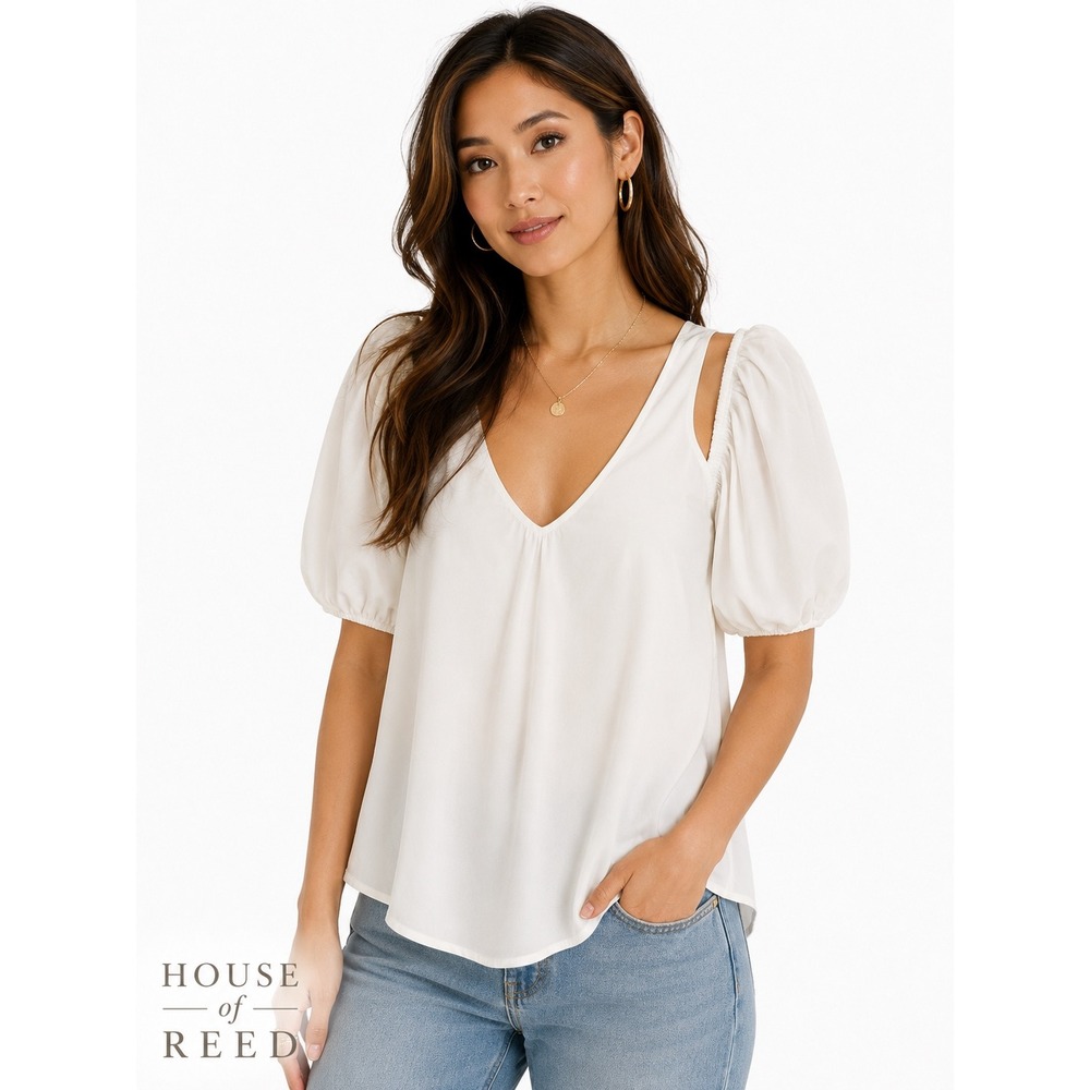 Show Me Your Mumu‎ White Cold Shoulder V-Neck Puff Sleeve Blouse Medium